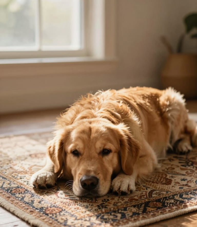 Candid eye-level shot of a golden retriever parent resting on a vintage woven rug indoors by a sunlit window, soft golden-hour natural light.