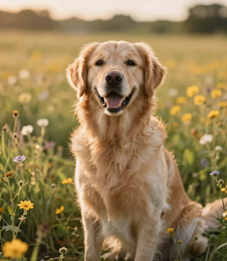 Candid eye-level shot of a happy golden retriever parent dog sitting in a sun-drenched wildflower garden, warm golden-hour lighting, soft focus background