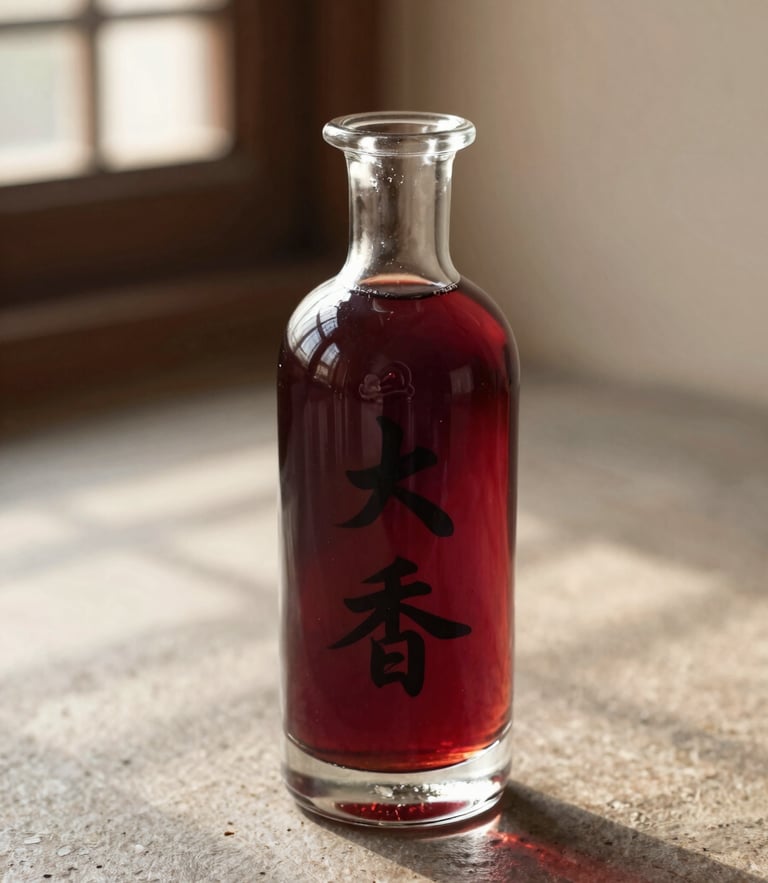 Elegant glass bottle of deep crimson Kanji catching soft window daylight on a textured stone surface, shallow depth of field, warm editorial photography