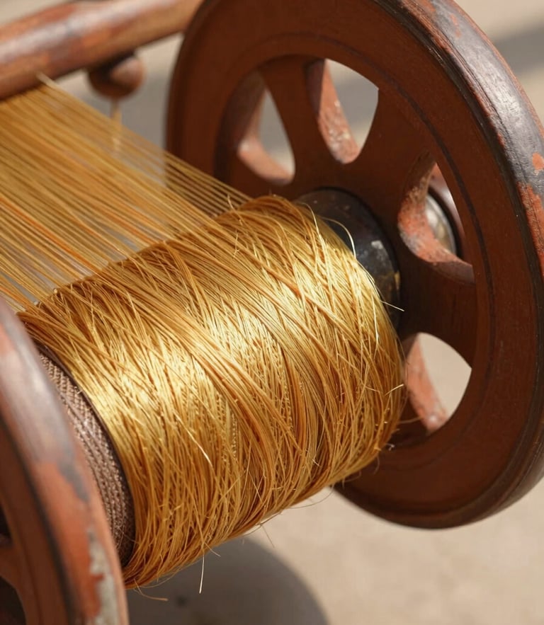 Macro close-up of raw golden Bhagalpuri silk threads being spun on a traditional wooden wheel, bright natural daylight casting crisp shadows, rich terracotta tones, high-end commercial B2B photography, 50mm.