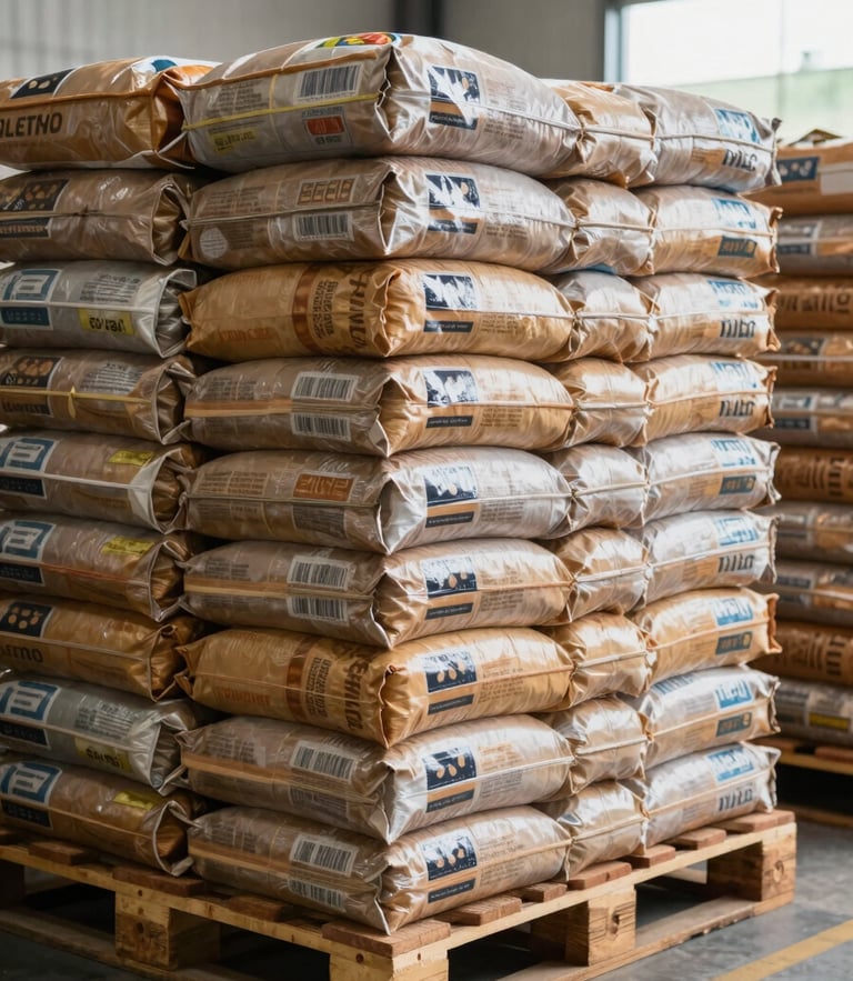 Clean warehouse logistics interior with neatly stacked pallets of standardized bulk foodstuff sacks, bright natural daylight, industrial order