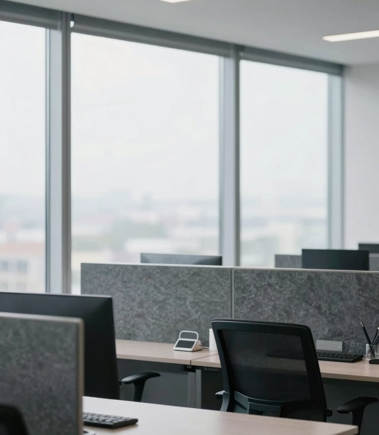 Bright corporate office interior with clean lines, soft overcast window light illuminating a structured workspace with slate gray accents, 35mm photography.
