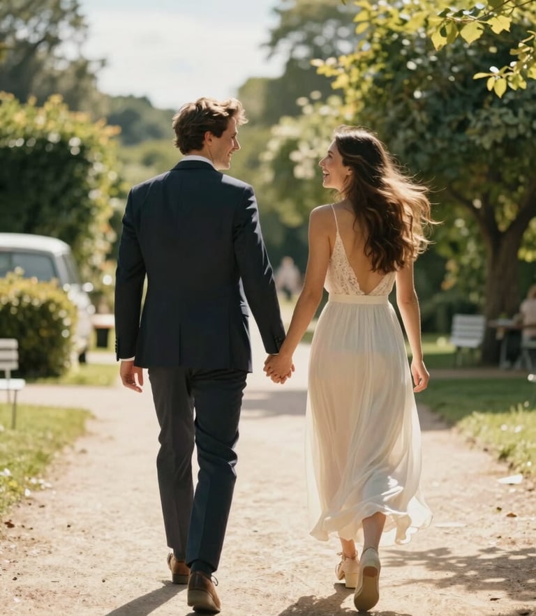 A couple walking hand in hand through a sun-drenched pathway in Champagne, laughing spontaneously, back view, cinematic lighting.