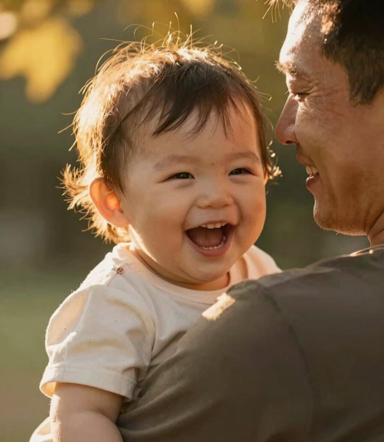 Close up of a father holding his laughing toddler, warm golden sunlight filtering through leaves, soft focus, intimate family portrait.