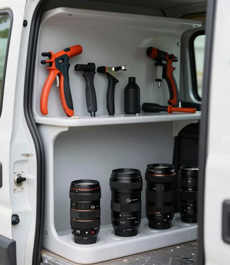A close-up of organized professional tools in a clean service truck, bright natural daylight, sharp focus, 35mm lens