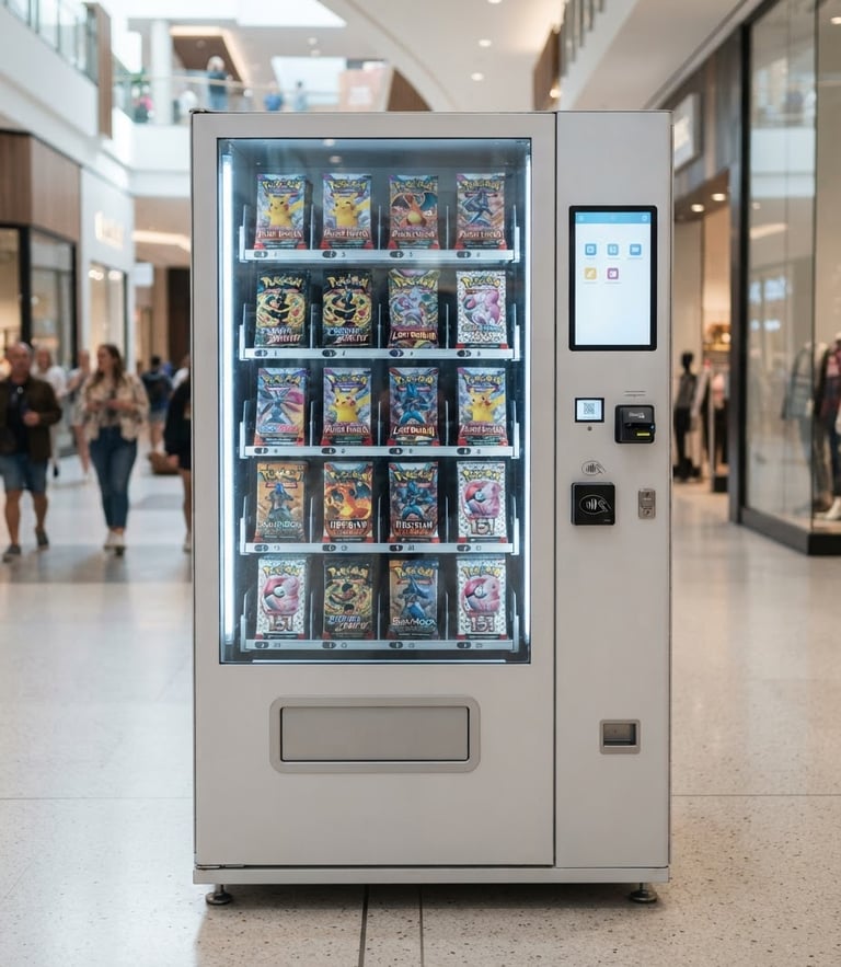 A modern KamiCard vending machine installed in a brightly lit, clean shopping mall hallway, displaying colorful Pokémon card packs behind glass, sharp focus, 35mm lens
