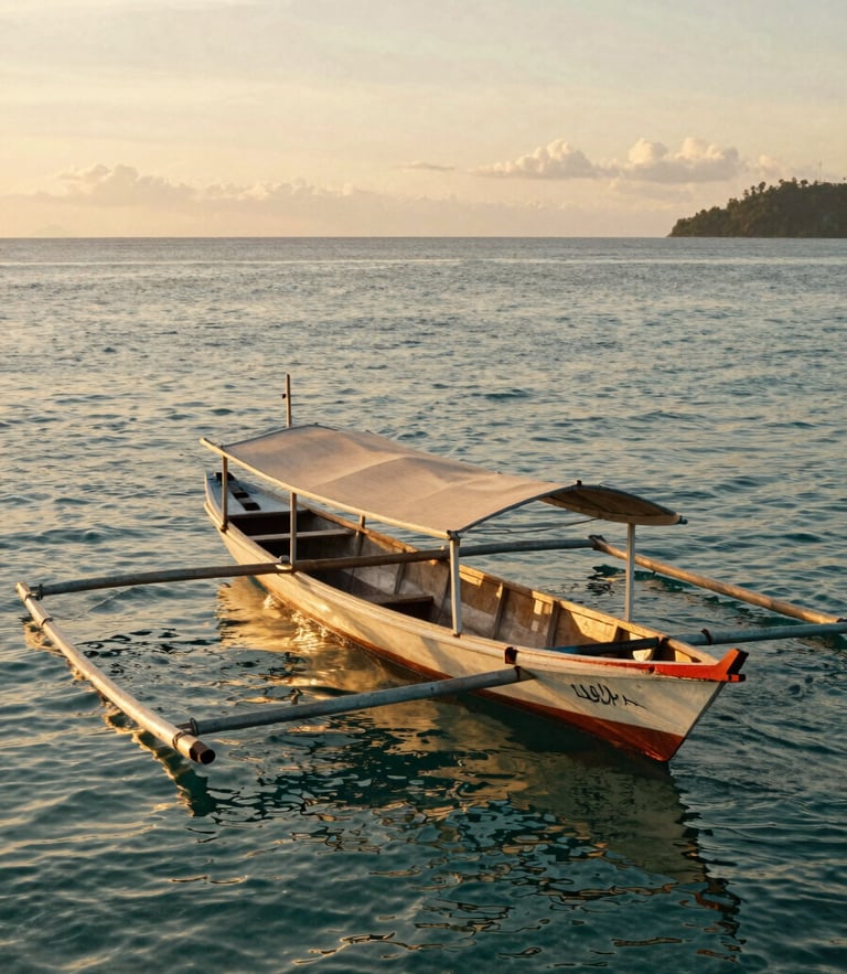 A serene golden hour photo of a local wooden boat sailing on the calm turquoise waters of Labuan Bajo, with soft warm sunlight reflecting on the sea, editorial travel style, 35mm lens.