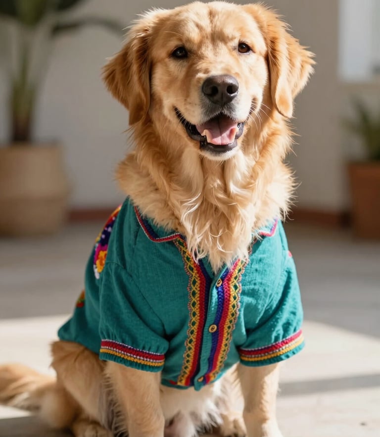 Warm natural light photography, a happy golden retriever wearing a colorful handcrafted Mexican teal shirt, sitting calmly, 50mm, shallow depth of field