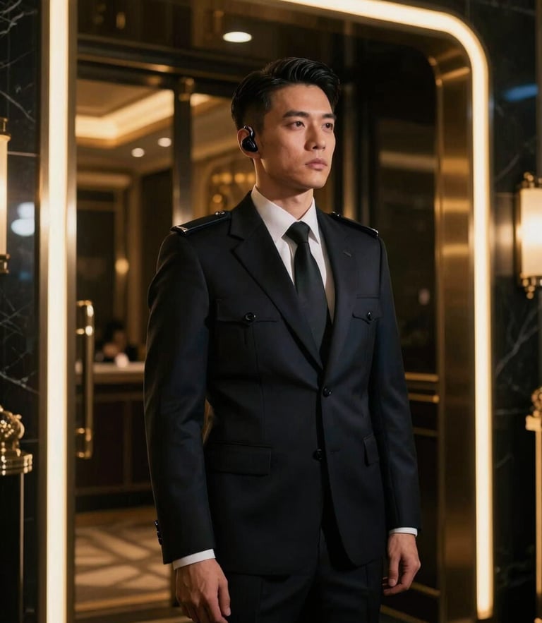 Cinematic low-key photography of a sharp security officer in an elegant dark suit, communication earpiece, standing quietly at a luxury club entrance, dramatic neon gold rim light, deep shadows.