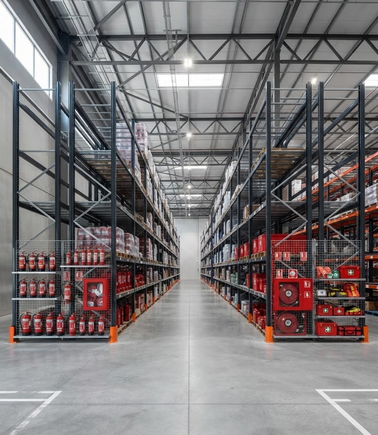 Straight-on architectural shot of a modern industrial warehouse interior, clean concrete floor, red fire safety equipment stacked neatly on high steel shelves, cool daylight.
