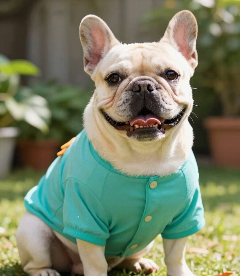 A happy French Bulldog wearing a bright teal artisanal summer shirt, sitting in a sunlit garden, warm natural light, shallow depth of field