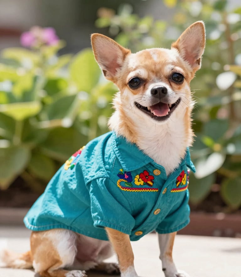 A happy small chihuahua wearing a vibrant teal Mexican embroidered shirt, sitting in a bright sunlit garden, warm natural light, shallow depth of field