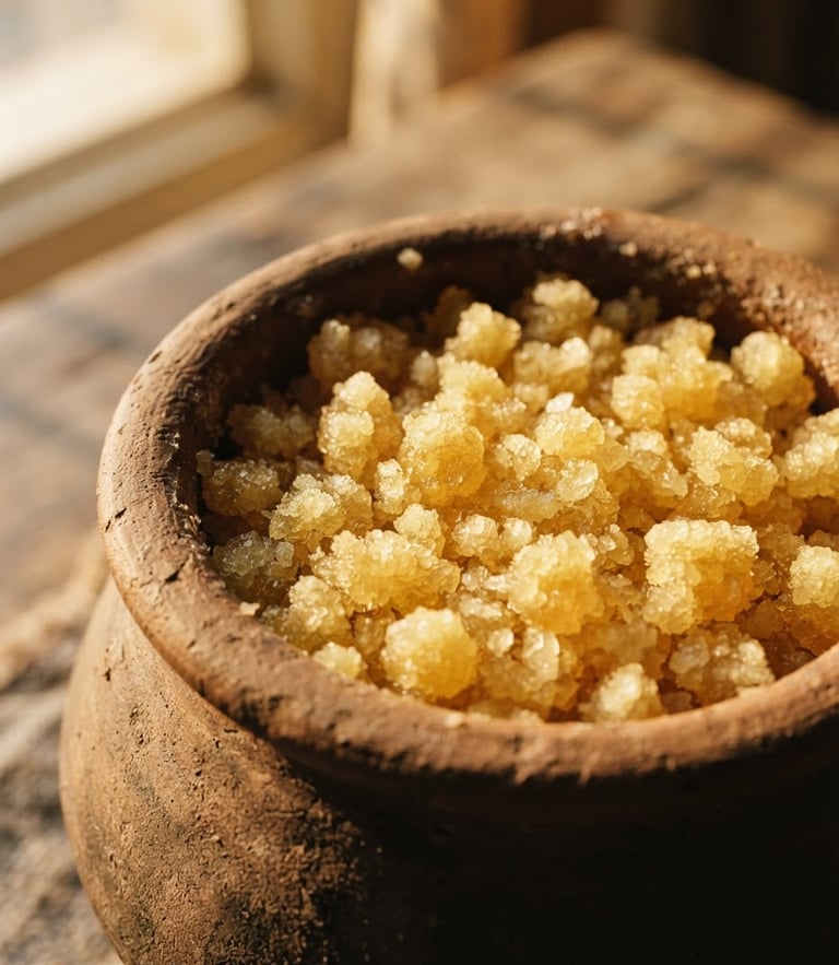 Macro close-up of golden, granular Bilona A2 cow ghee crystallized inside a traditional clay jar, warm directional golden-hour window light casting soft shadows, rich saturated earth tones, 35mm film texture.
