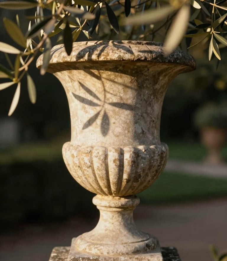 A close-up of a matte stone garden urn, soft dappled golden-hour light filtering through olive branches, rich organic textures, 35mm
