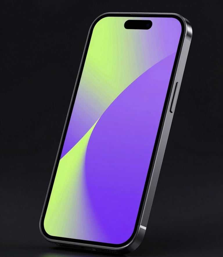 Sleek 3D digital render of an angled Android phone showing a calm wellness interface. Dark background, neon glassmorphism, fluid electric violet and cyber lime gradients, high-contrast studio lighting, sharp focus.