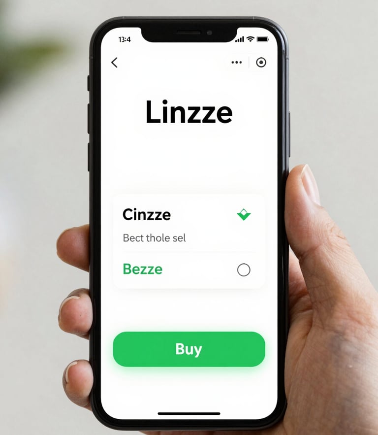 High-fidelity mobile screen displaying a Linzze checkout template with a prominent green buy button, bright daylight, neutral background, 35mm lens