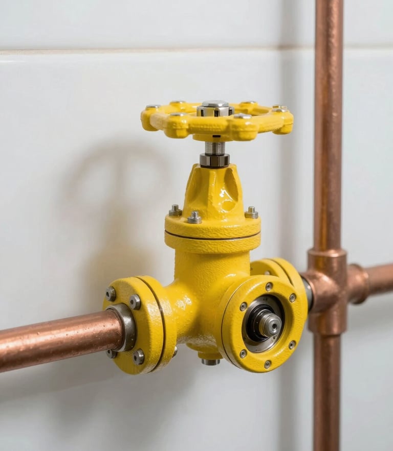 A clean, modern utility room with a clearly labeled bright yellow main water shutoff valve on a copper pipe, clinical bright lighting, sharp focus.