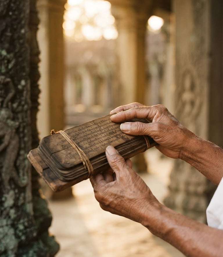 Close-up of hands holding an ancient palm-leaf manuscript, soft golden hour sunlight filtering through temple columns, shallow depth of field, warm editorial style