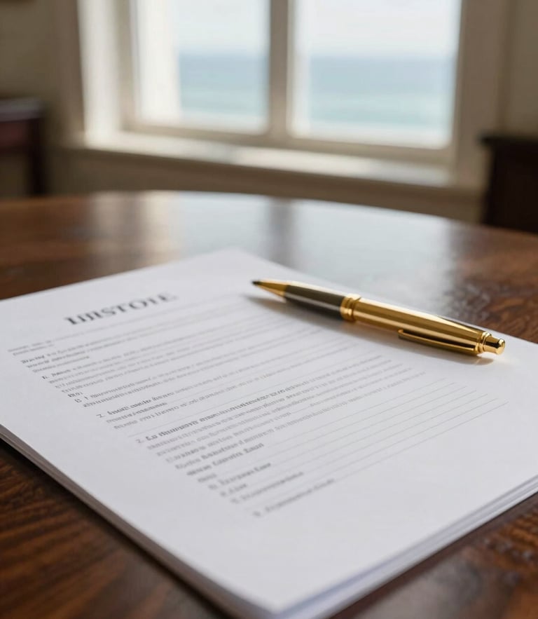 Elegant close-up of legal documents on a dark wooden desk with soft coastal window light, gold pen, professional atmosphere