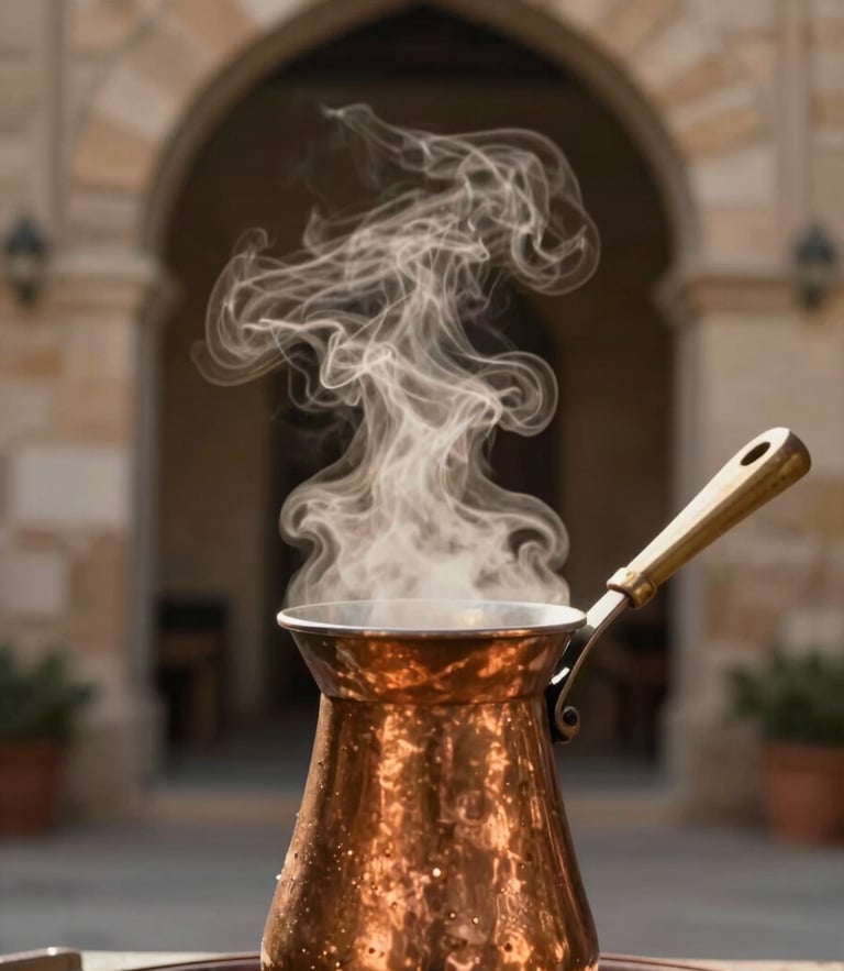Intimate close-up of steam rising from a copper dallah coffee pot, warm natural golden-hour light illuminating a stone archway in the background.