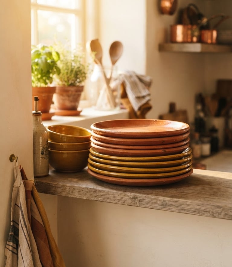 A cozy, sun-drenched kitchen shelf displaying stacked terracotta and mustard yellow ceramic plates, soft morning light casting gentle shadows, shallow depth of field.
