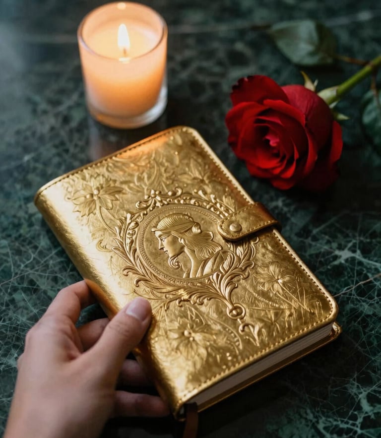 A close-up of a hand holding a gold-embossed leather journal under warm candlelight, a single scarlet rose resting beside it on a dark marble surface
