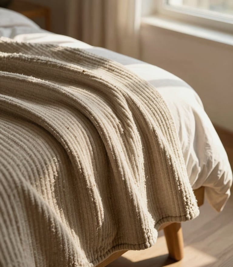 Close-up of ribbed cotton bed throw draped over a low wooden stool, soft afternoon window light casting long shadows, warm editorial photography