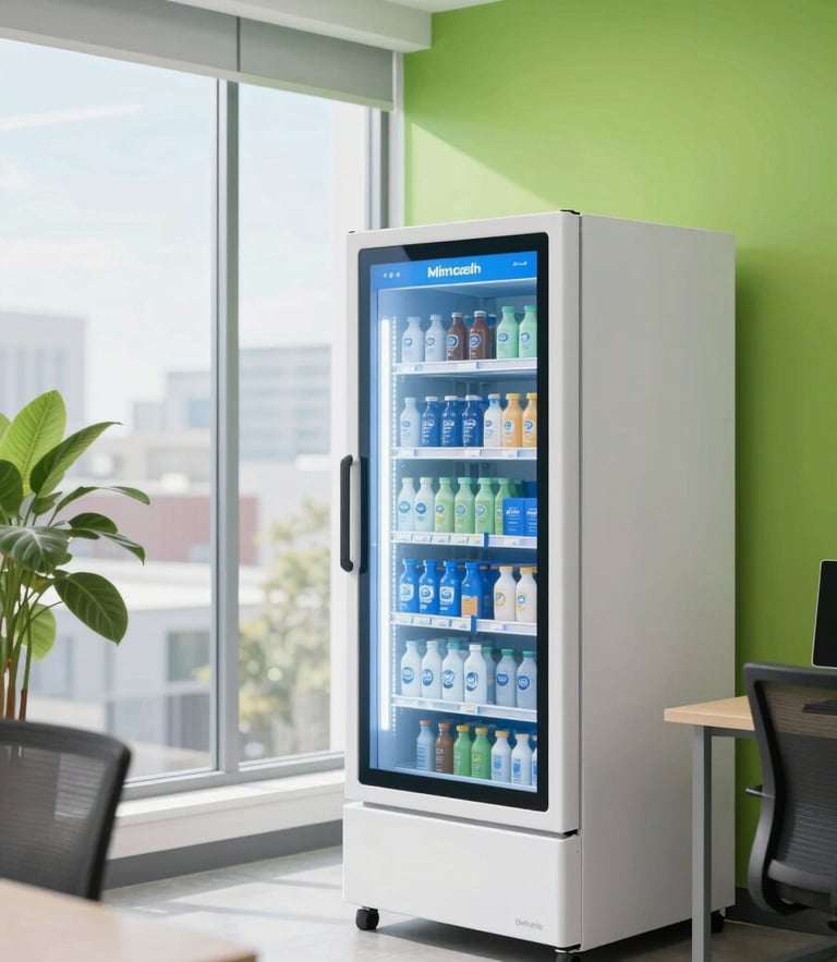 Bright modern Canadian office breakroom with a sleek smart micro-market, natural window light, clean green accents, professional atmosphere