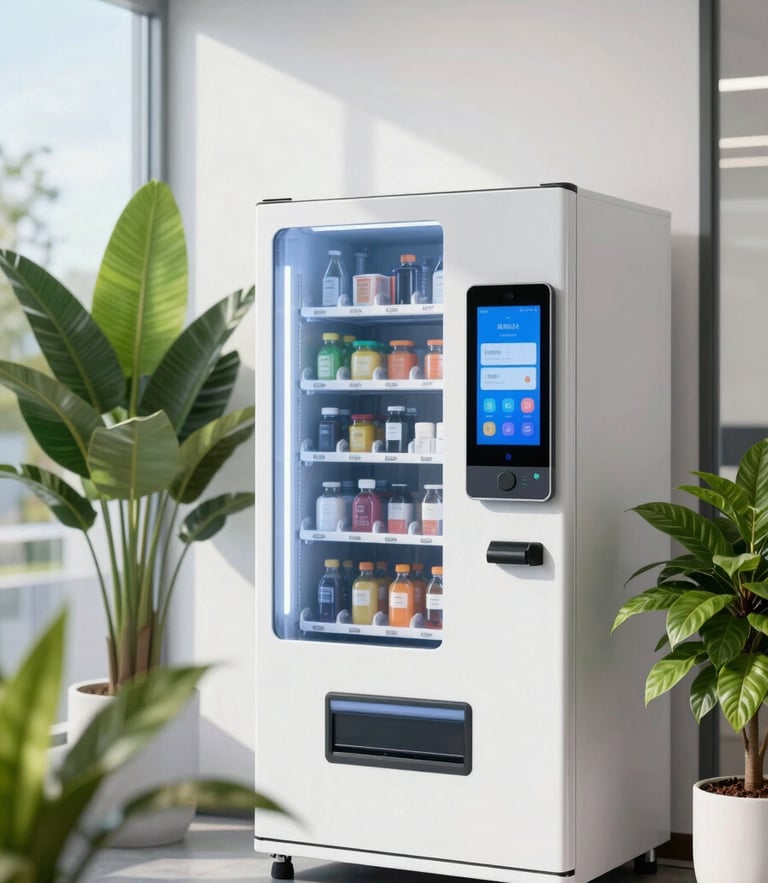 Bright modern office breakroom with clean natural daylight, a sleek smart vending machine with touch screen interface, vibrant green plants, commercial photography