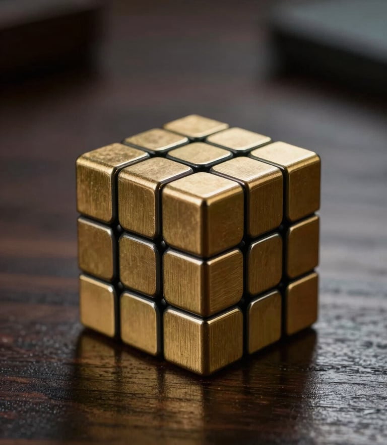 Macro shot of a brushed brass solvable cube resting on a dark walnut desk, dramatic side-lighting casting sharp highlights on metallic edges, shallow depth of field, 85mm lens