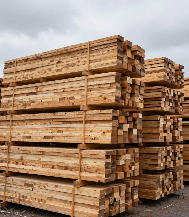 Wide-angle outdoor shot of a professional lumber yard, neatly stacked construction timber and wood planks under overcast sky, high physical scale