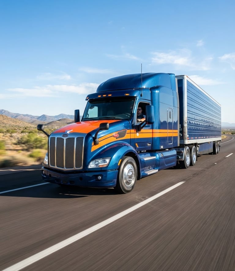 A modern class-8 semi-truck driving on an open highway under bright morning light, editorial depth of field, high contrast.