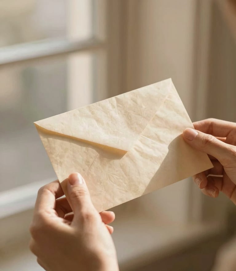 Close-up of hands holding an elegant vintage paper letter, soft golden hour window light, warm champagne tones, shallow depth of field