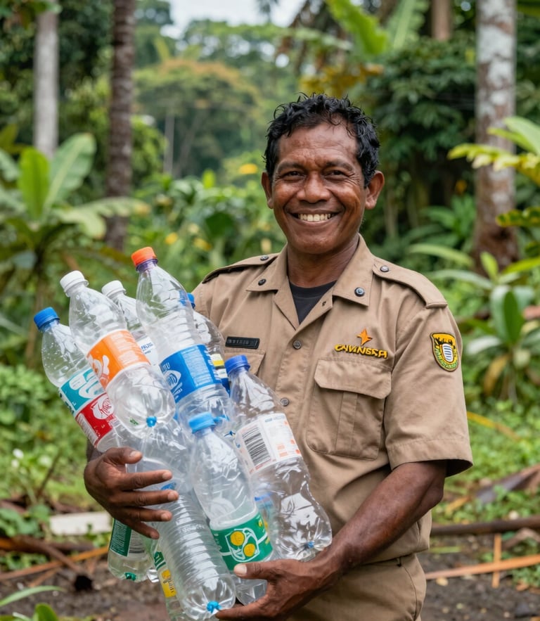 A proud local Papuan environmental officer smiling, holding a clean sorted bale of plastic bottles in bright natural tropical daylight, authentic editorial style.