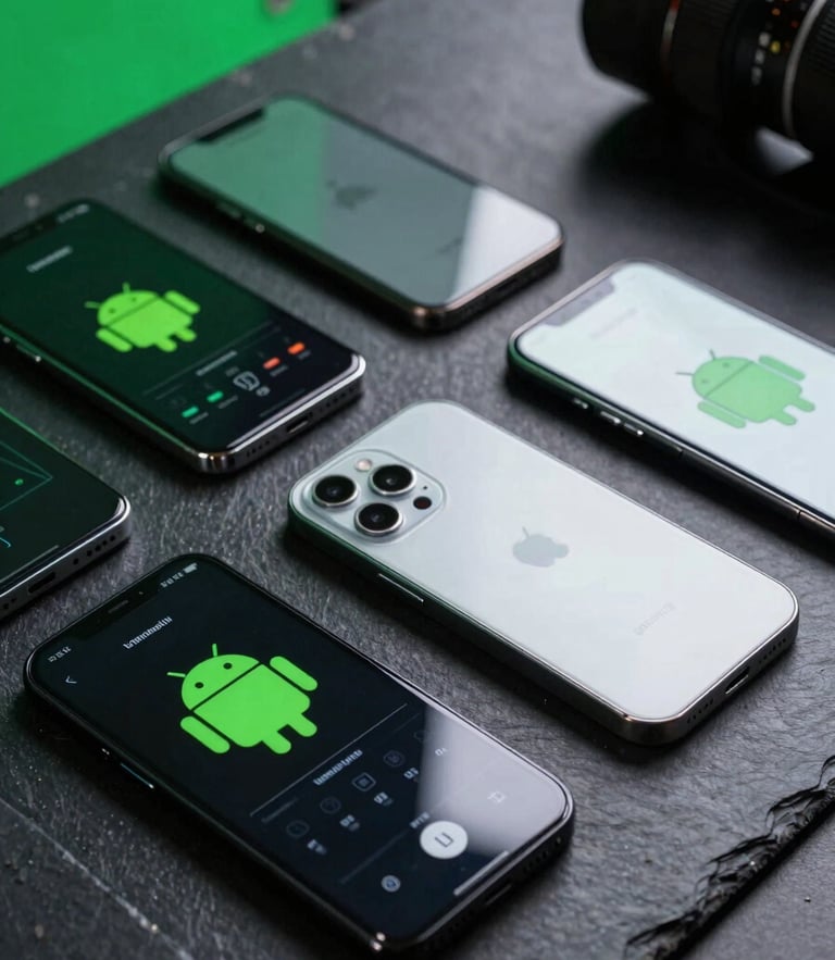 Macro studio shot of multiple physical Android phones arranged on a dark slate workbench, illuminated by the green screen glow of running profiling graphs.