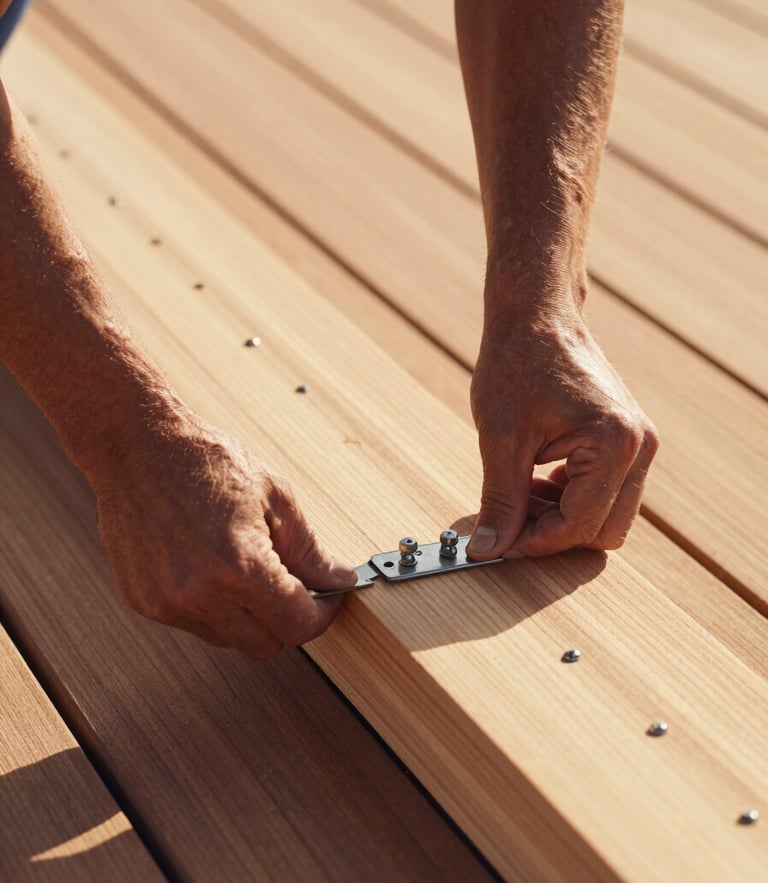 Close-up of a carpenter aligning a premium cedar deck board with hidden fasteners, marine-grade stainless steel hardware visible, bright Pensacola daylight, warm wood tones, shallow depth of field