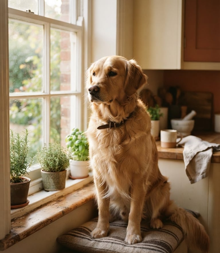 A golden retriever sitting calmly by a sunlit kitchen window, soft natural morning light, warm editorial style, shallow depth of field