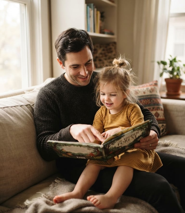 Candid, unposed moment of a father and young daughter reading a book together on a sofa, soft natural window light, warm organic tones, shallow depth of field.