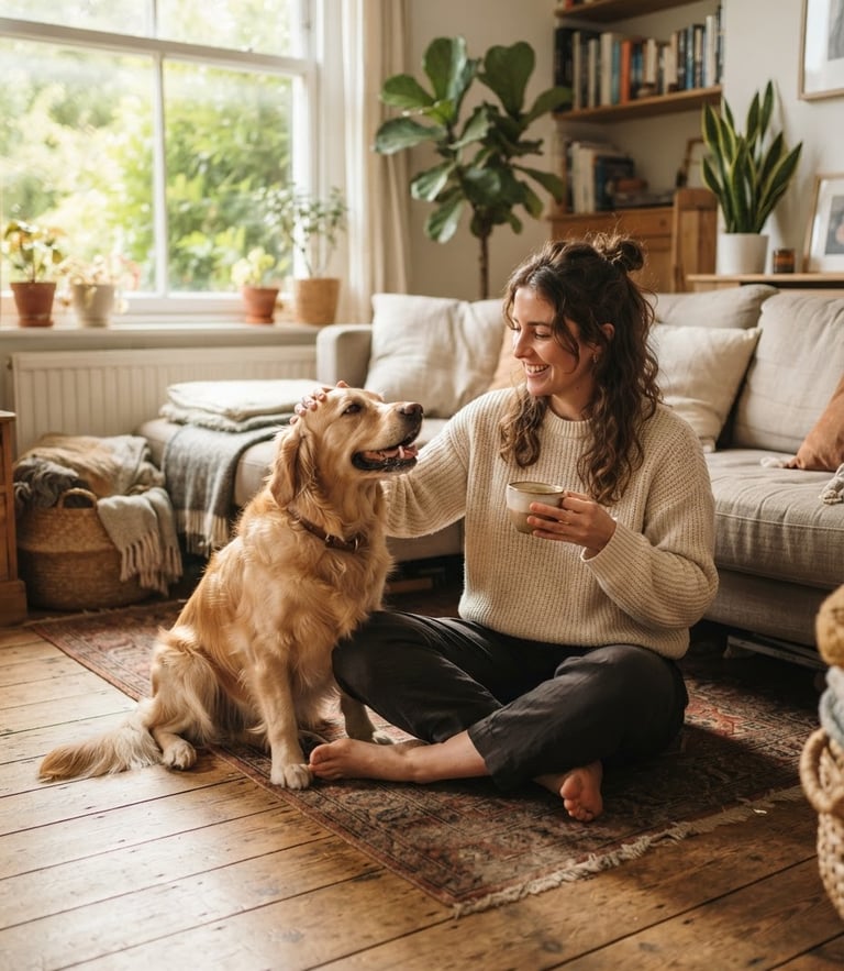 A cozy sunlit living room where a person sits on a wooden floor, drinking coffee and gently petting a golden retriever, soft window light, warm editorial photography.