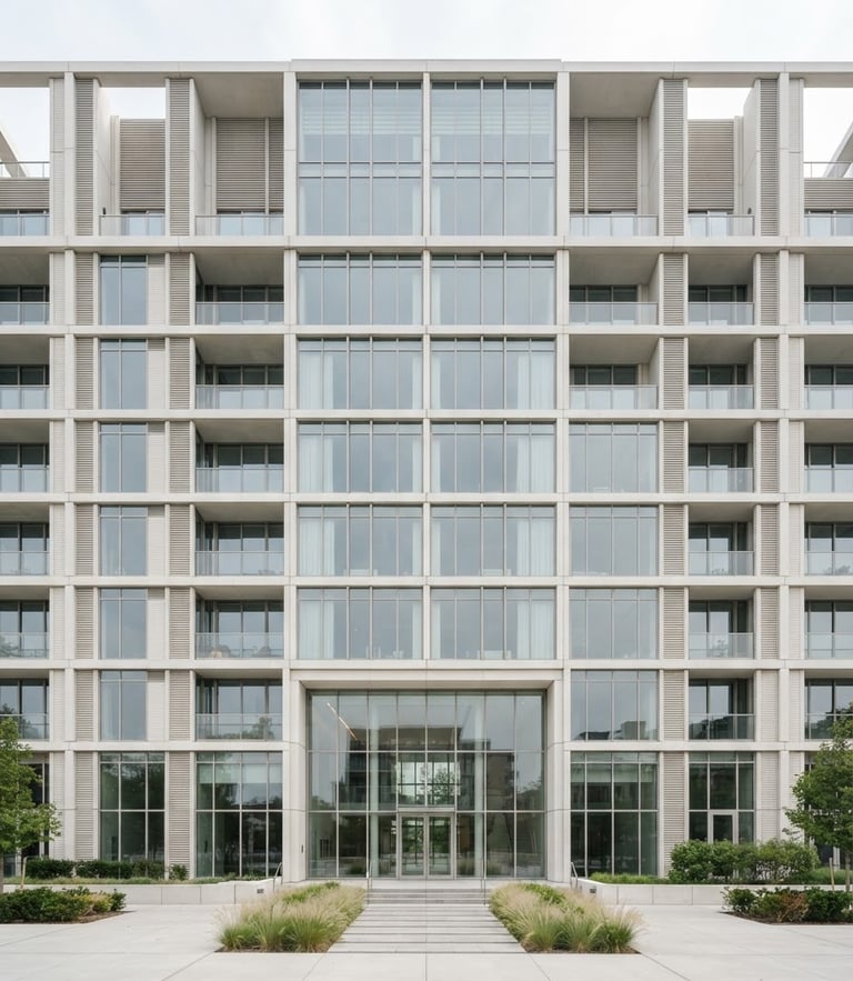 Symmetrical architectural shot of a modern concrete and glass building facade, bright diffused daylight, clean white and concrete tones, ultra-sharp 35mm