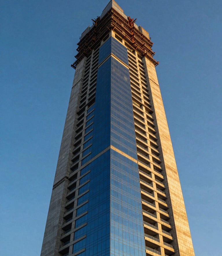 Low-angle heroic shot of a modern Riyadh skyscraper under construction, golden hour sunlight casting sharp architectural shadows on concrete and steel, 35mm lens