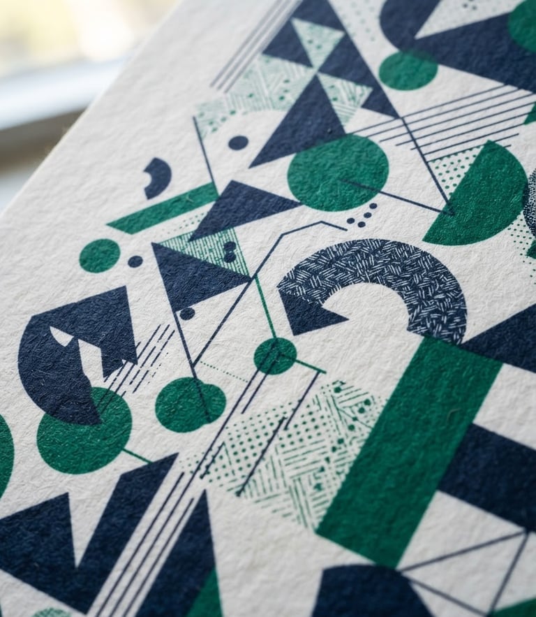 Macro close-up of premium textured paper with printed direct mail graphics, sharp focus, natural office window light, deep navy and emerald green details, 35mm
