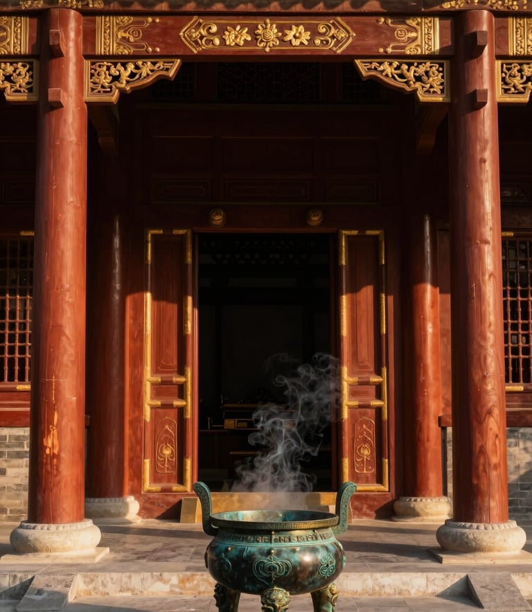 Symmetrical dramatic heritage photography of a grand Tang Dynasty royal ancestral hall, warm golden-hour light piercing through dark mahogany wooden pillars, bronze incense burner with soft smoke in the foreground, medium format.