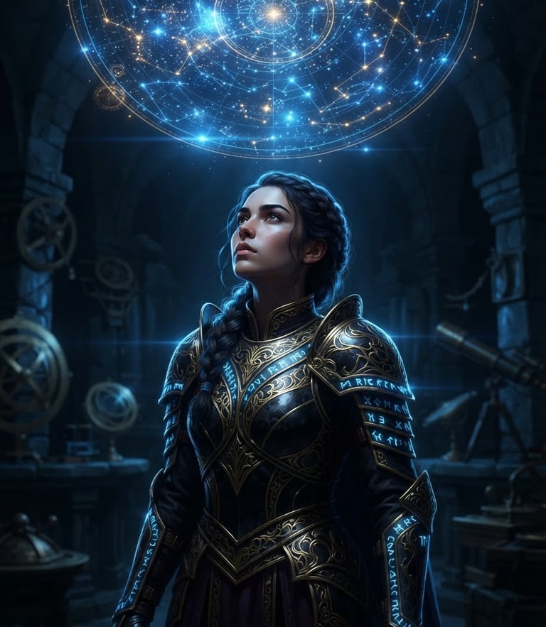 A cinematic portrait of a young royal descendant with glowing electric blue rim lighting, wearing gold-etched obsidian armor, looking up at a holographic stellar map, low-key dramatic lighting, anamorphic lens