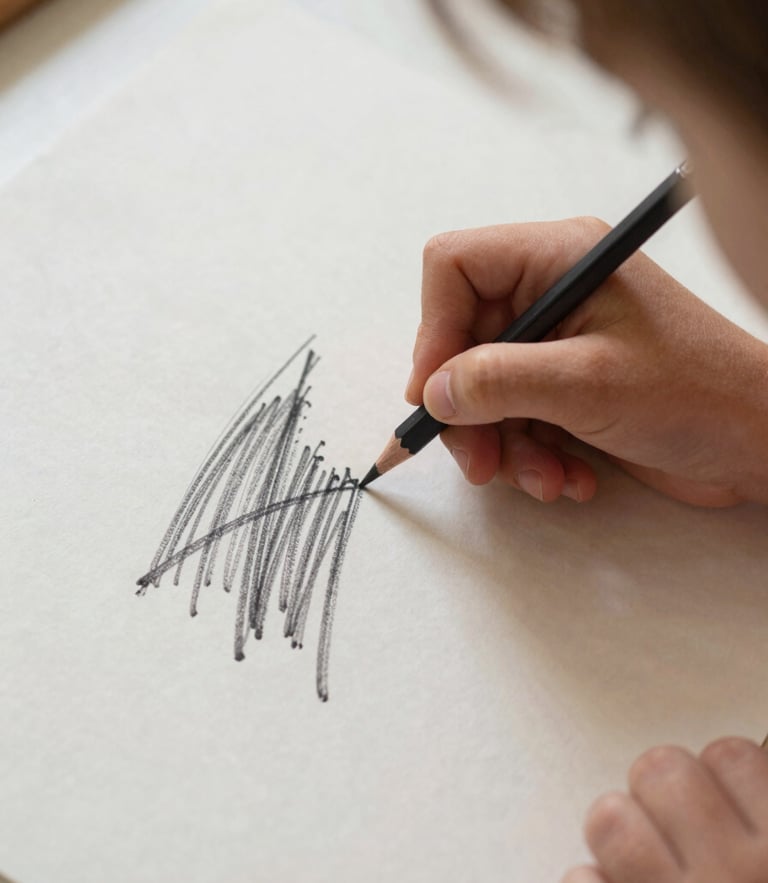 A child's hand holding a thick graphite pencil, drawing bold expressive lines on textured paper, soft natural daylight, warm tones.
