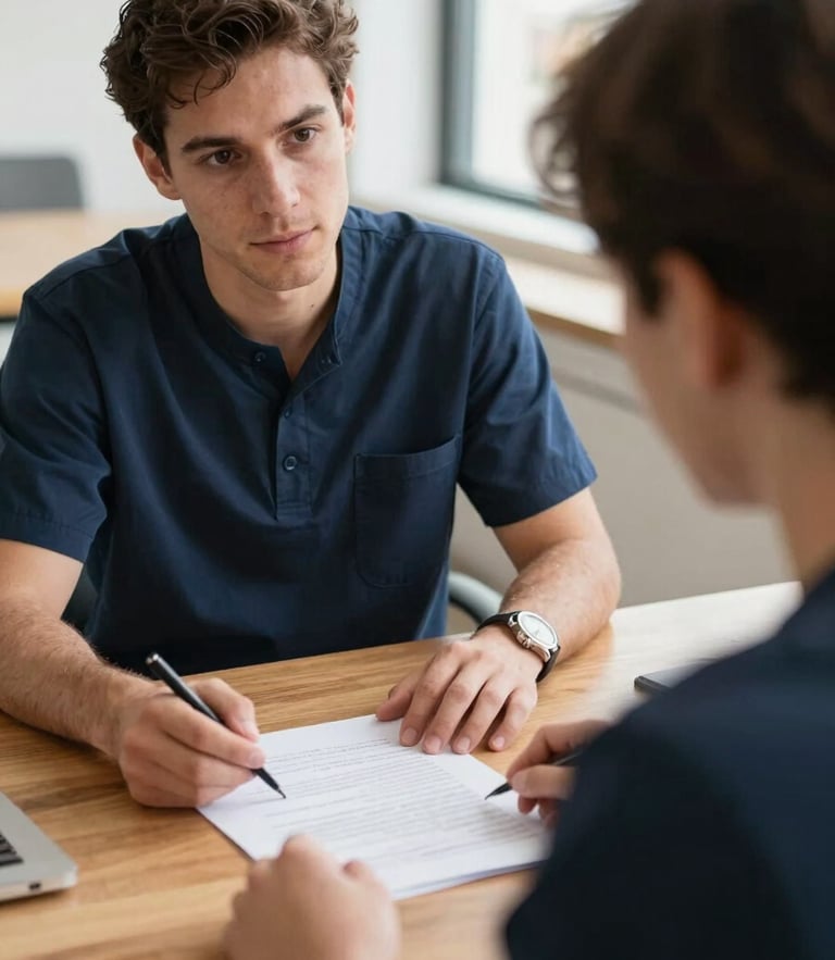 Close-up of a supportive staff member sitting face-to-face with a client at a wooden table, discussing documents with warm natural light, unposed documentary style