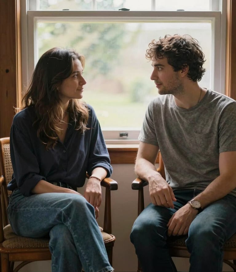 Warm, natural daylight filtering through a window onto two people sitting side-by-side in comfortable wooden chairs, sharing a quiet conversation with soft, supportive eye contact, unposed and authentic.