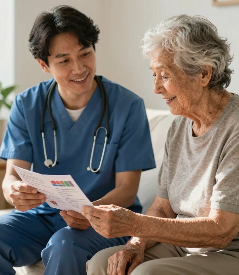 A warm, medium shot of a community navigator sitting side-by-side with an elderly resident in a sunlit room, looking over a simple health brochure together with genuine smiles.