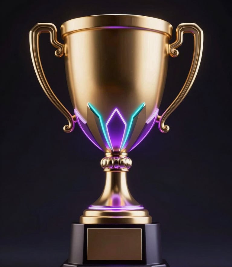 A golden champion trophy cup with glowing purple and cyan neon accents, floating in dark space, luxury 3D render, dramatic lighting