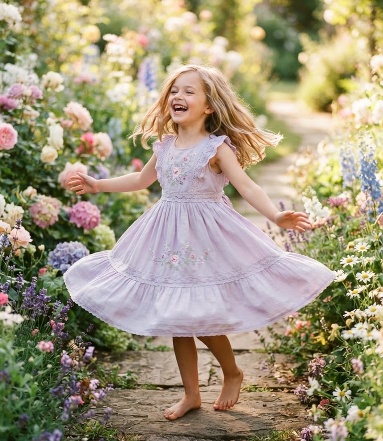 A joyful 7-year-old girl spinning in a soft lavender frock in a sunlit garden, warm morning light, cheerful pastel tones, 35mm